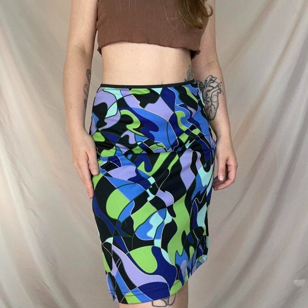 Vintage colorblock pattern knee length skirt